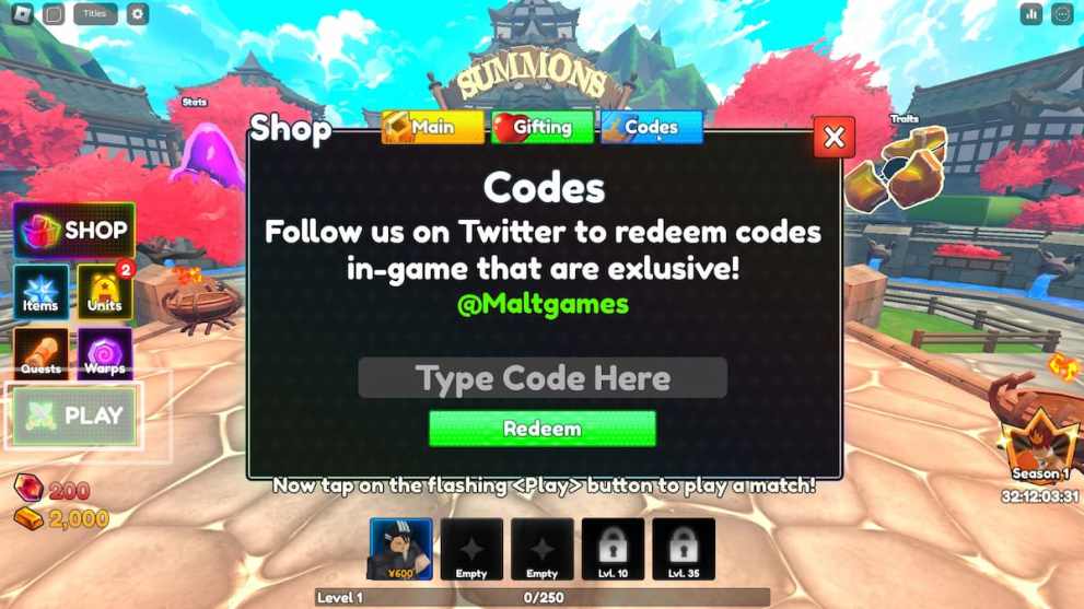 Codes redemption menu in Anime Tower Defense